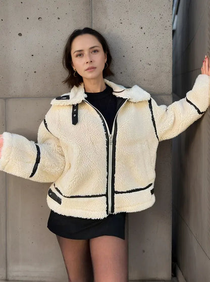 Casual collar furry color-blocked jacket – women