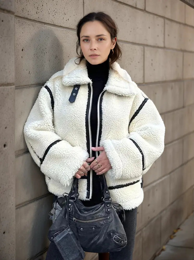 Casual collar furry color-blocked jacket – women