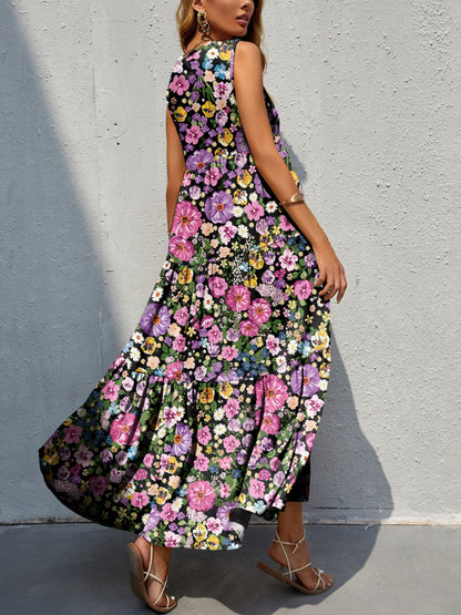 Tiered Printed V-Neck Sleeveless Dress