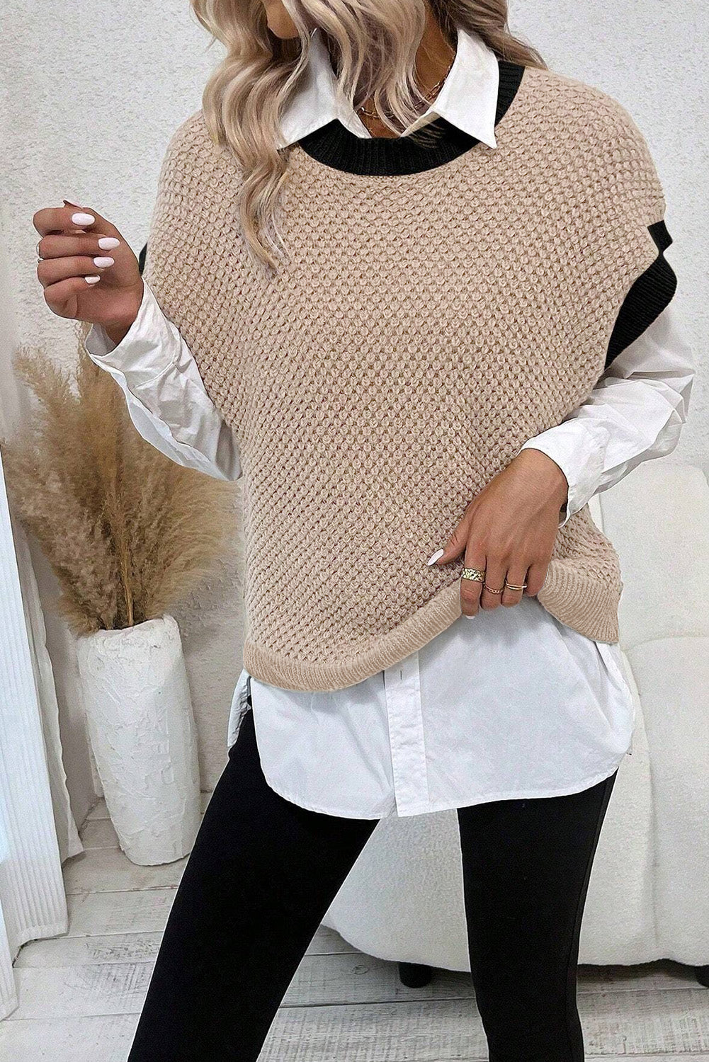 Light Beige Contrast Trim Batwing Sleeve Knitted Top