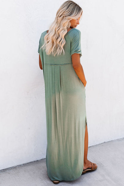 Black Solid Color Hidden Pocket V Neck Slit Maxi Dress