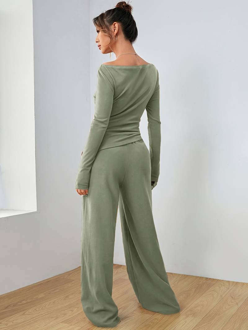 Mia – solid, casual set of long sleeve shirt and wide leg trousers