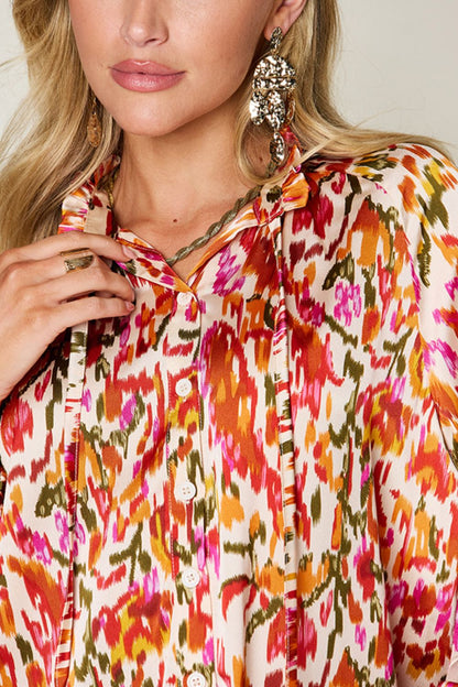 Double Take Full Size Printed Button Up Long Sleeve Shirt