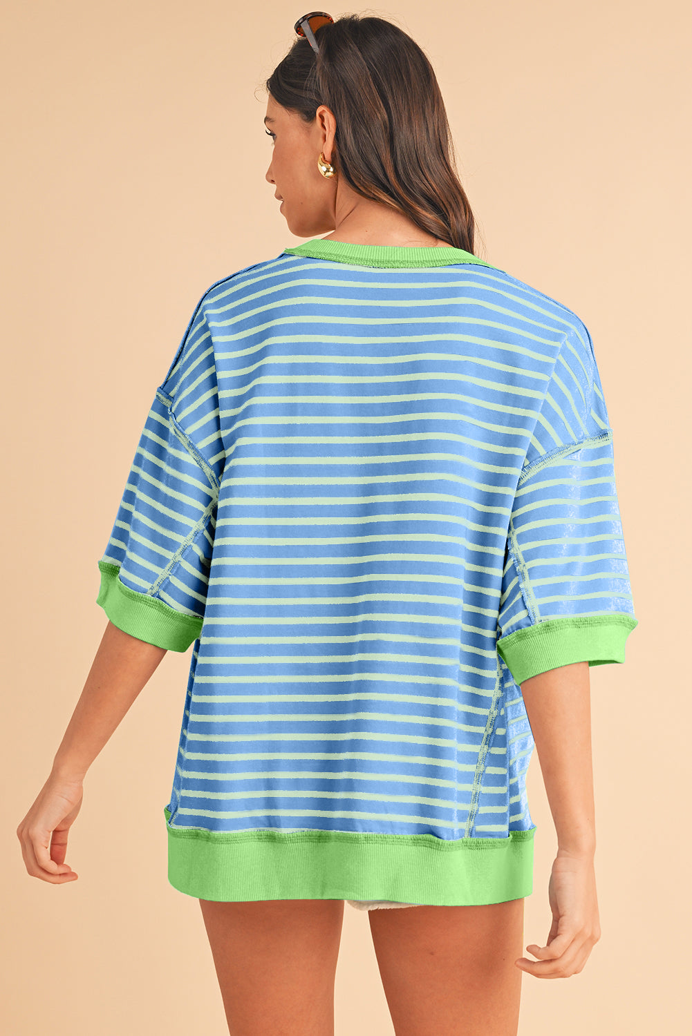 Black Stripe Contrast Trim Drop Sleeve Loose Top