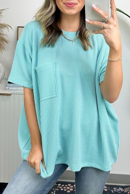 Turquoise Ribbed Knit Pocketed Loose Fit Crew Neck T Shirt