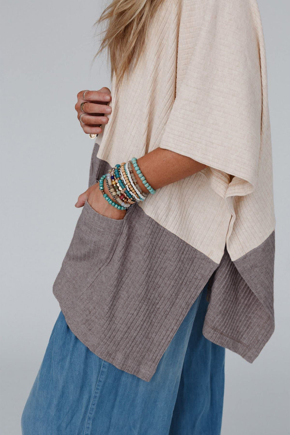 Pale Khaki Color Block Ribbed Knit Split Side Poncho