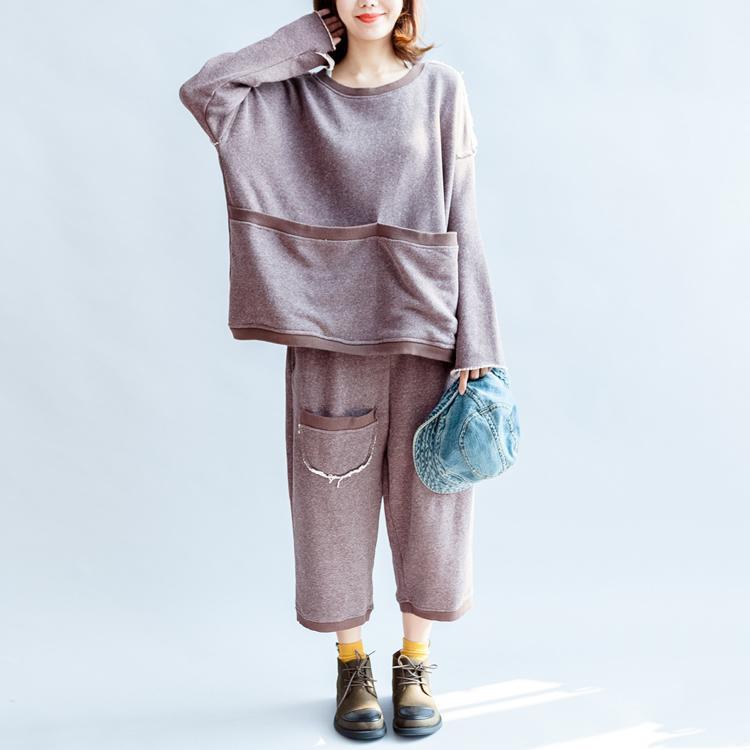 autumn light purple casual cotton knit tops and casual knit crop pants plus size pockets sport suit