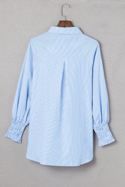 Light Blue Striped Casual Shirred Cuffs Shirt