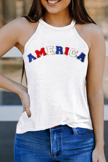 White Chenille AMERICA Graphic Halter Tank Top