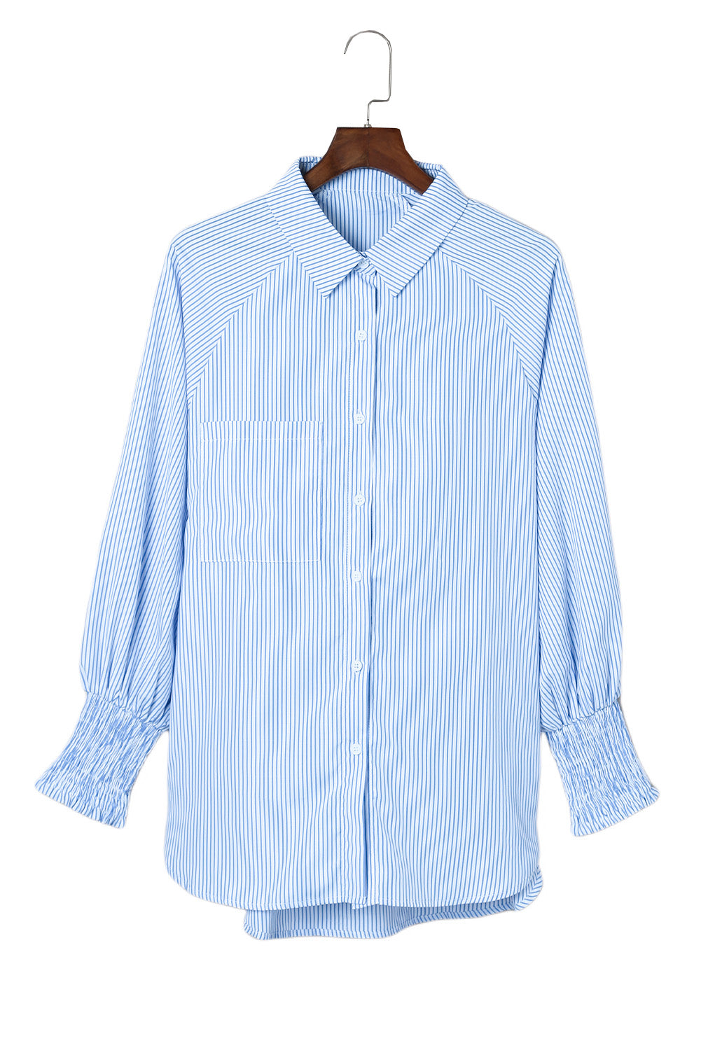 Light Blue Striped Casual Shirred Cuffs Shirt