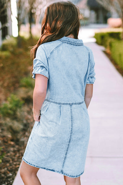 Blue Mineral Washed Ruffled Short Sleeve Pocketed Denim Dress