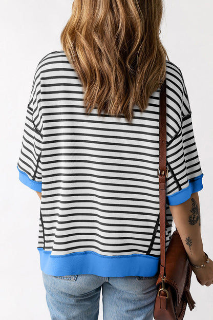 Black Stripe Contrast Trim Drop Sleeve Loose Top