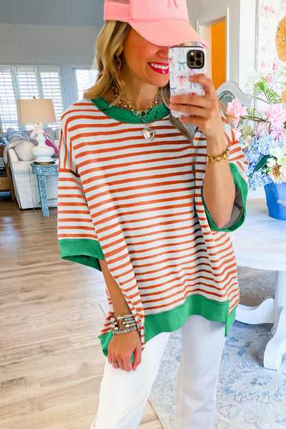 Black Stripe Contrast Trim Drop Sleeve Loose Top