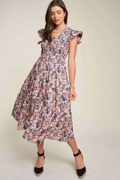 Vintage Garden Floral Flutter Smocking Midi Dress