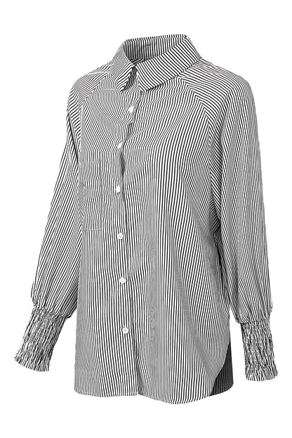 Light Blue Striped Casual Shirred Cuffs Shirt