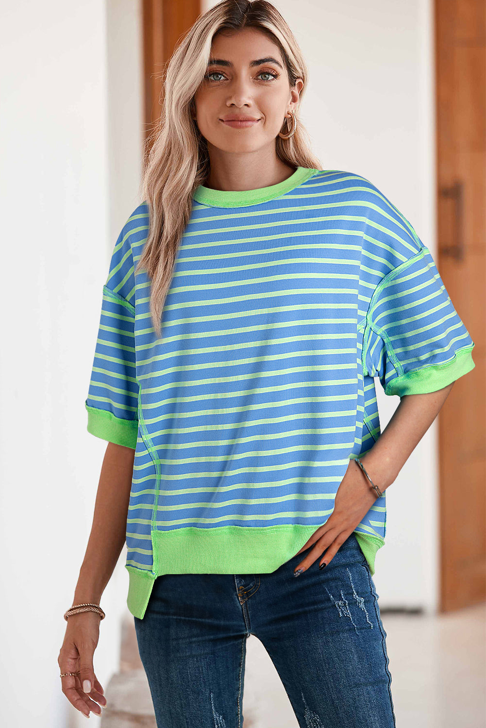 Black Stripe Contrast Trim Drop Sleeve Loose Top