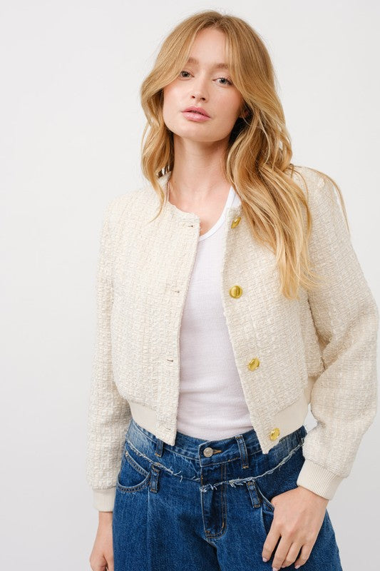 Waitlist 7/5 ♥ Dakota Long Sleeve Tweed Bomber Jacket Ivory