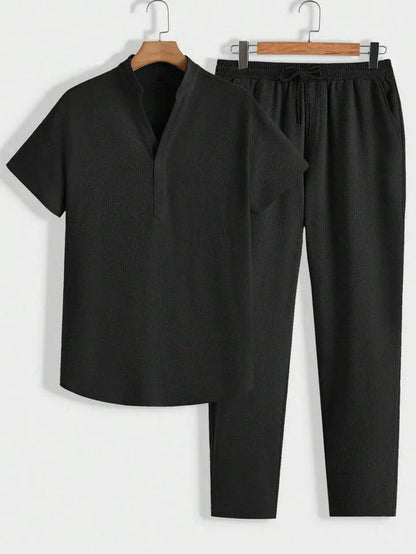 Modern men’s lounge set with stand-collar polo & pants – men