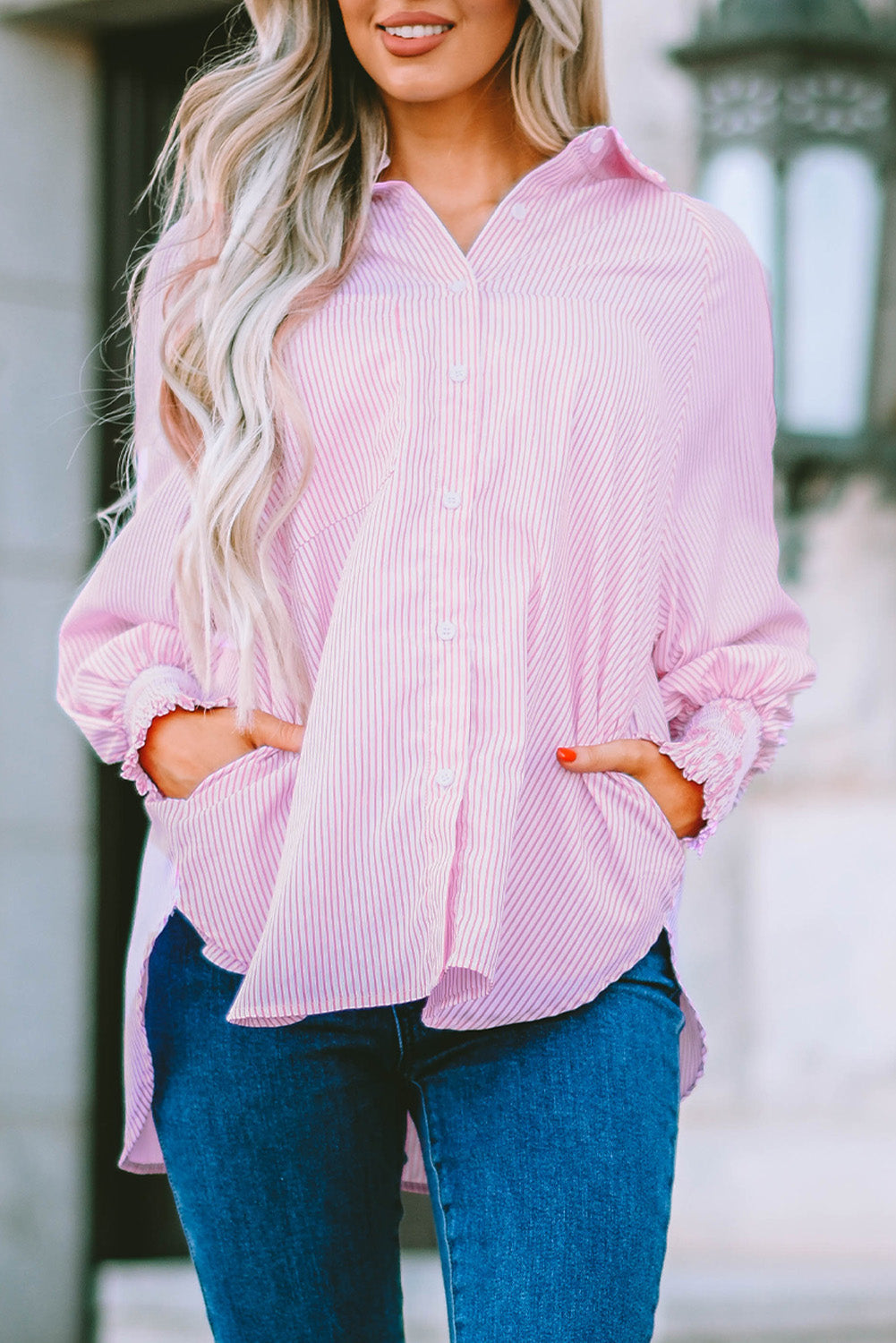 Light Blue Striped Casual Shirred Cuffs Shirt