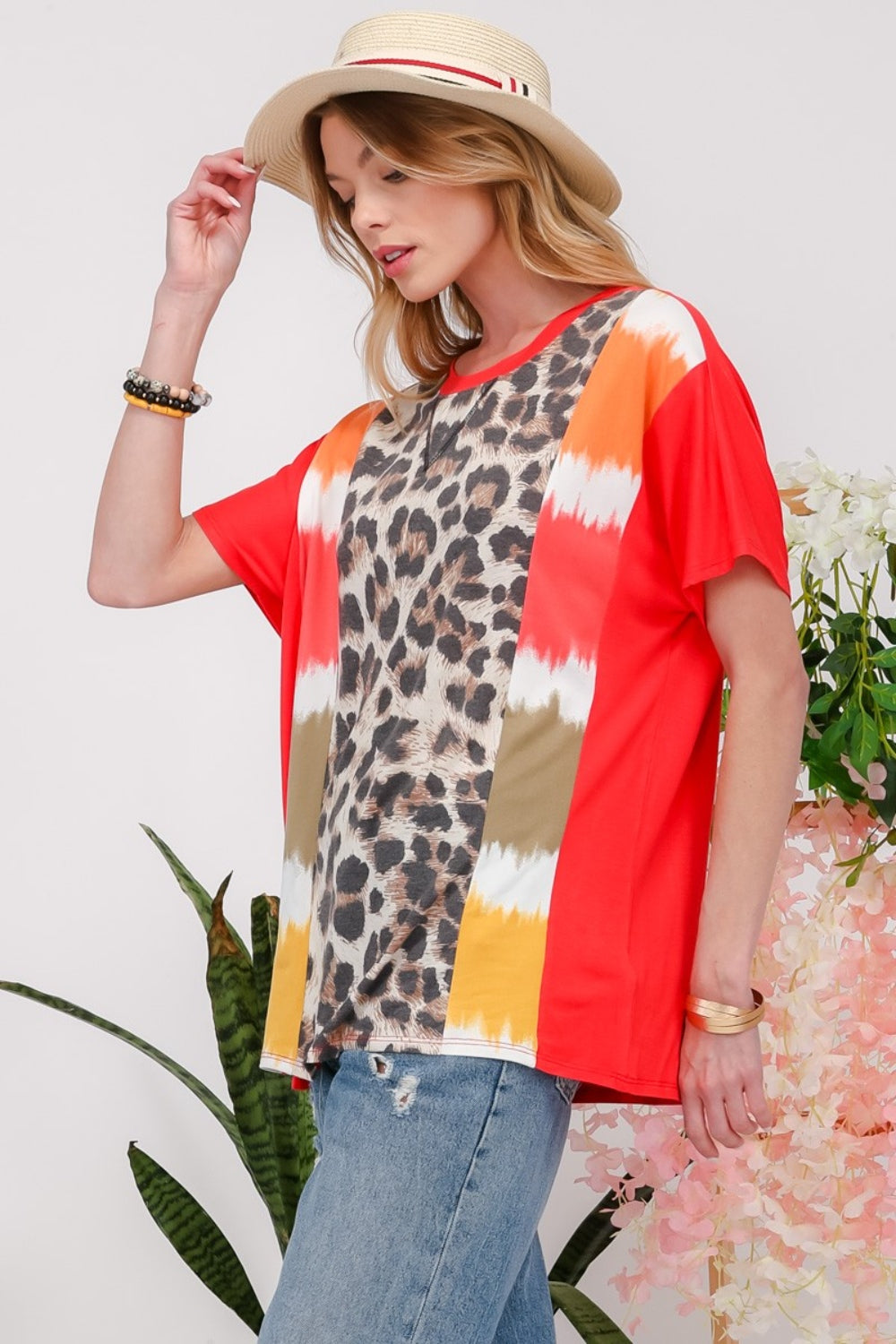 Celeste Full Size Leopard Color Block T-Shirt