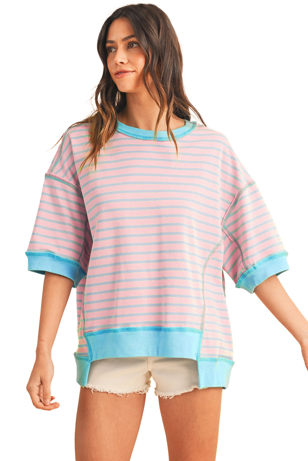 Black Stripe Contrast Trim Drop Sleeve Loose Top