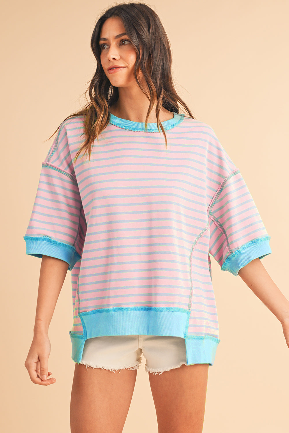 Black Stripe Contrast Trim Drop Sleeve Loose Top