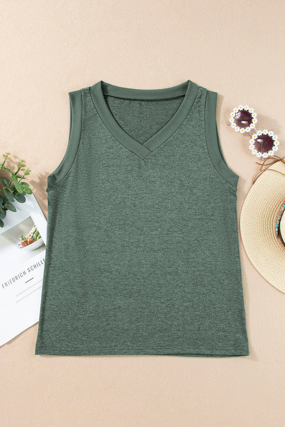 Mist Green Contrast Trim V-Neck Loose Fit Tank Top