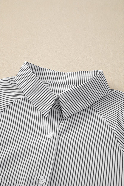 Light Blue Striped Casual Shirred Cuffs Shirt