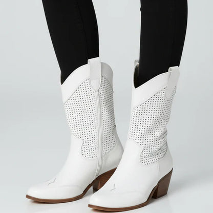 Women’s cowgirl perforated ankle boots western heels – women