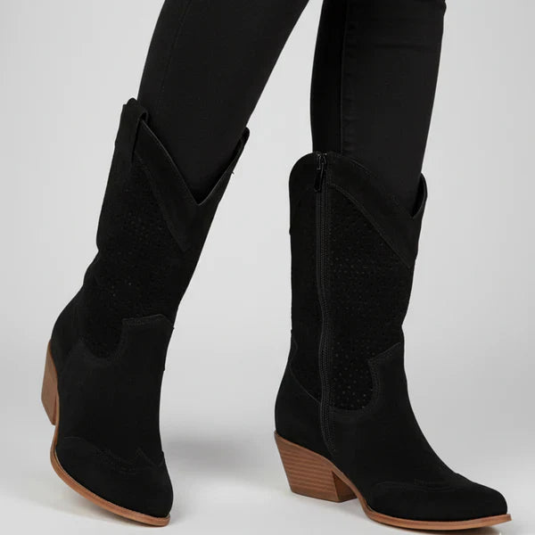 Women’s cowgirl perforated ankle boots western heels – women