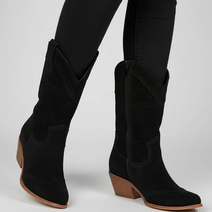 Women’s cowgirl perforated ankle boots western heels – women