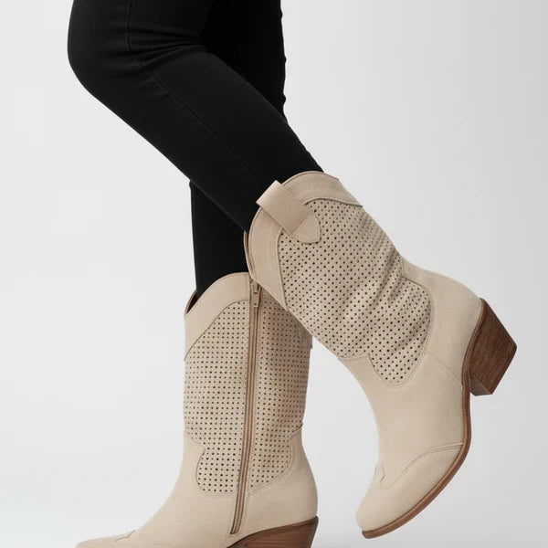 Women’s cowgirl perforated ankle boots western heels – women
