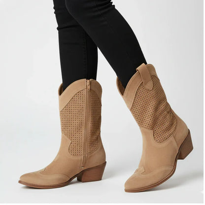 Women’s cowgirl perforated ankle boots western heels – women