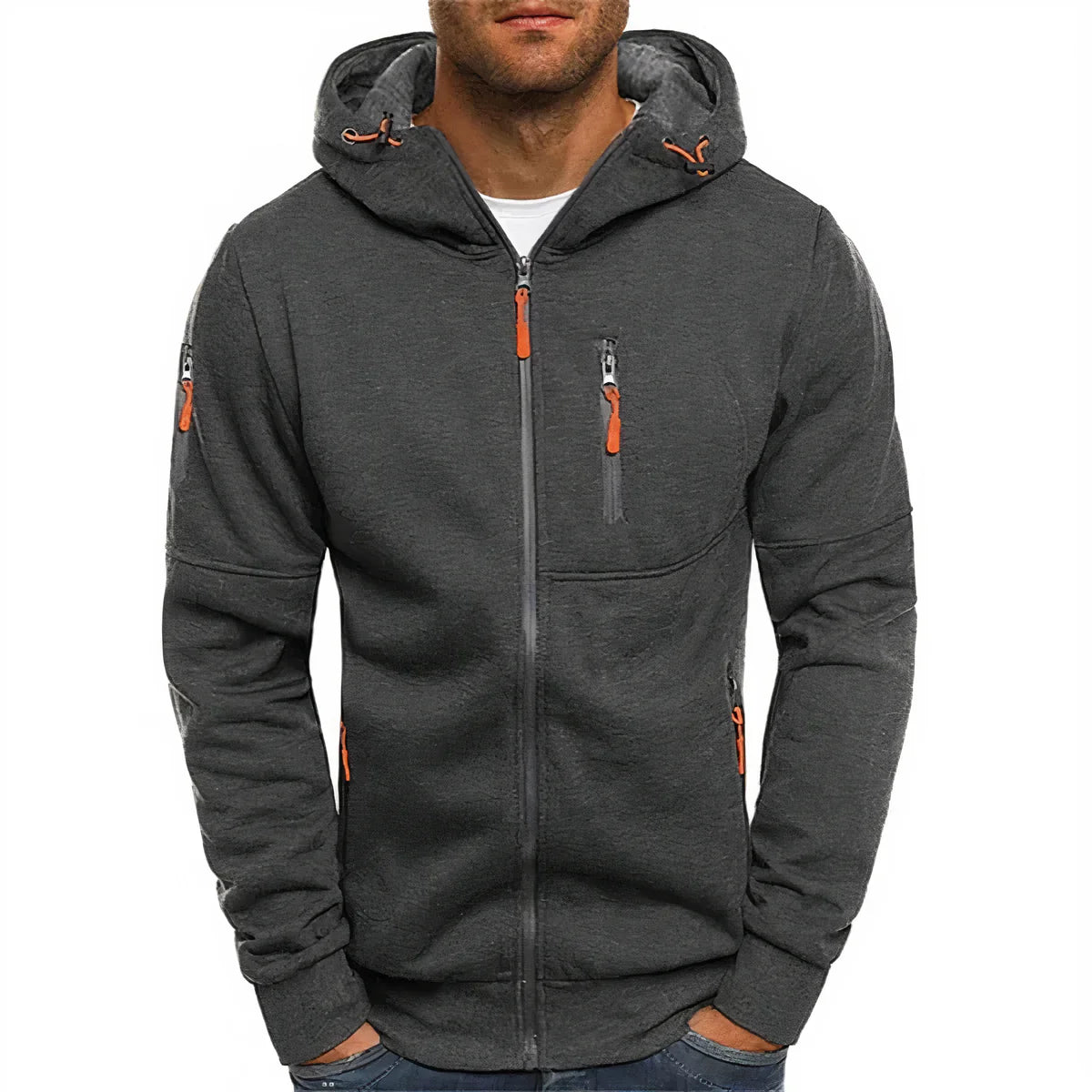 Men's jacket with hood, long sleeves, and zipper