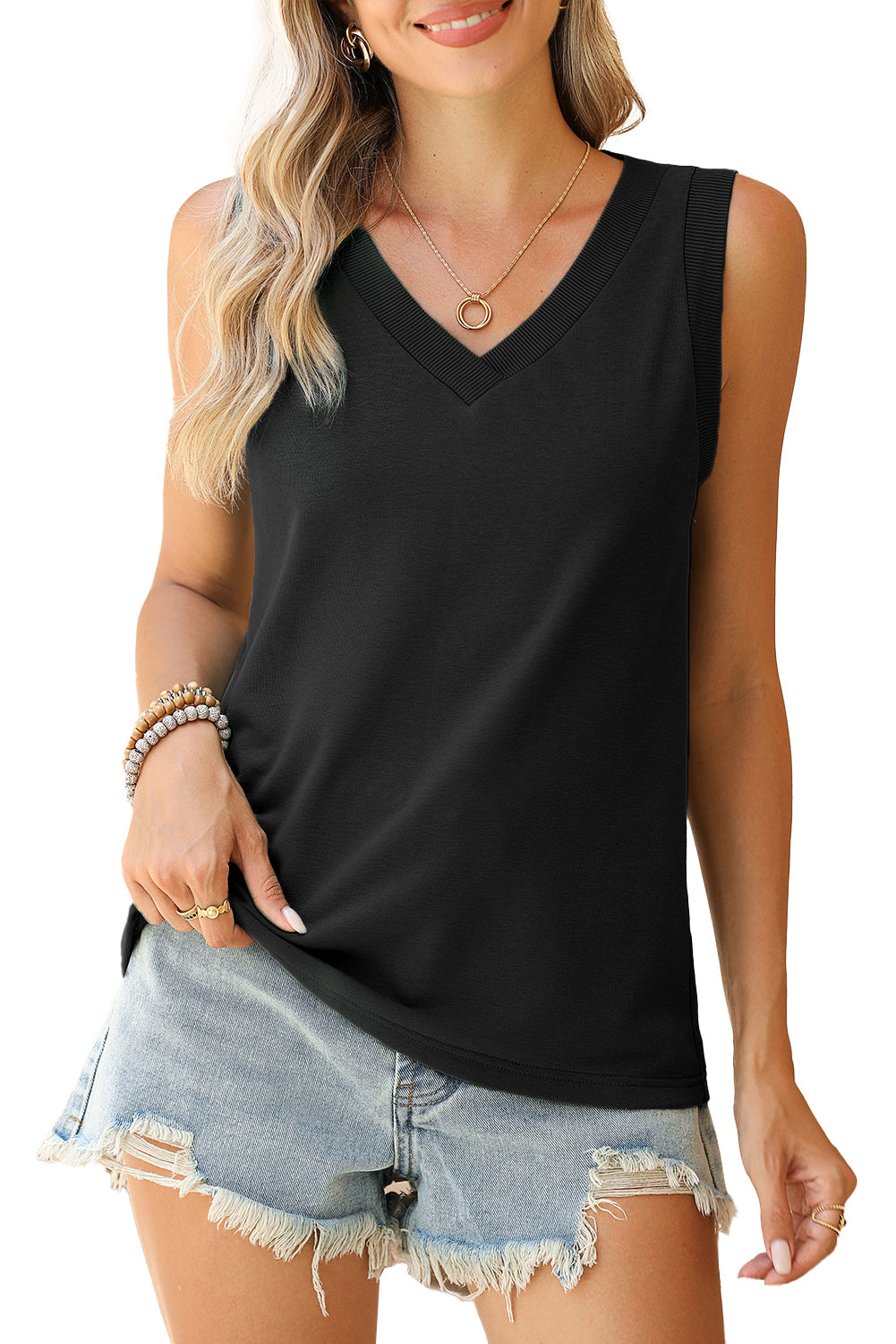 Mist Green Contrast Trim V-Neck Loose Fit Tank Top