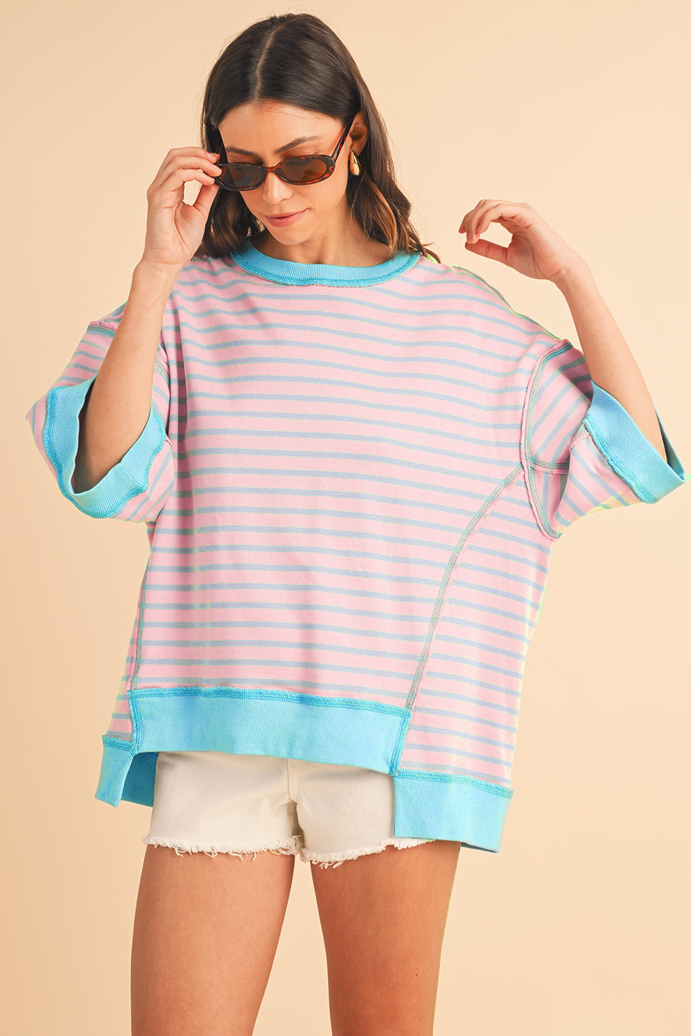 Black Stripe Contrast Trim Drop Sleeve Loose Top