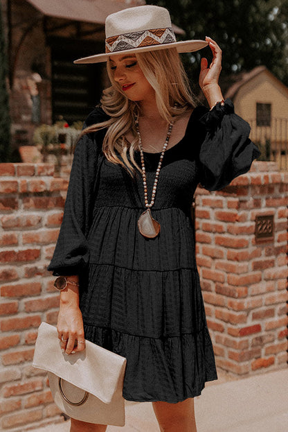 Black Puff Sleeve Smocked Tiered Short Dress