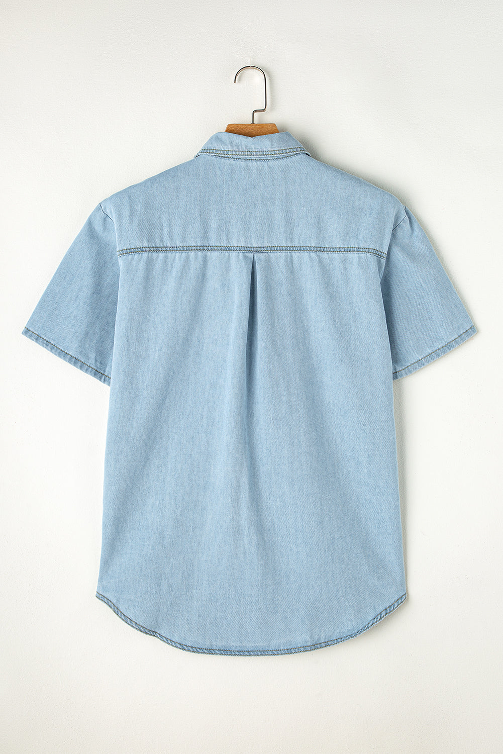 Mist Blue Light Wash Flap Pockets Rounded Hem Denim Blouse