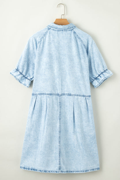 Blue Mineral Washed Ruffled Short Sleeve Pocketed Denim Dress