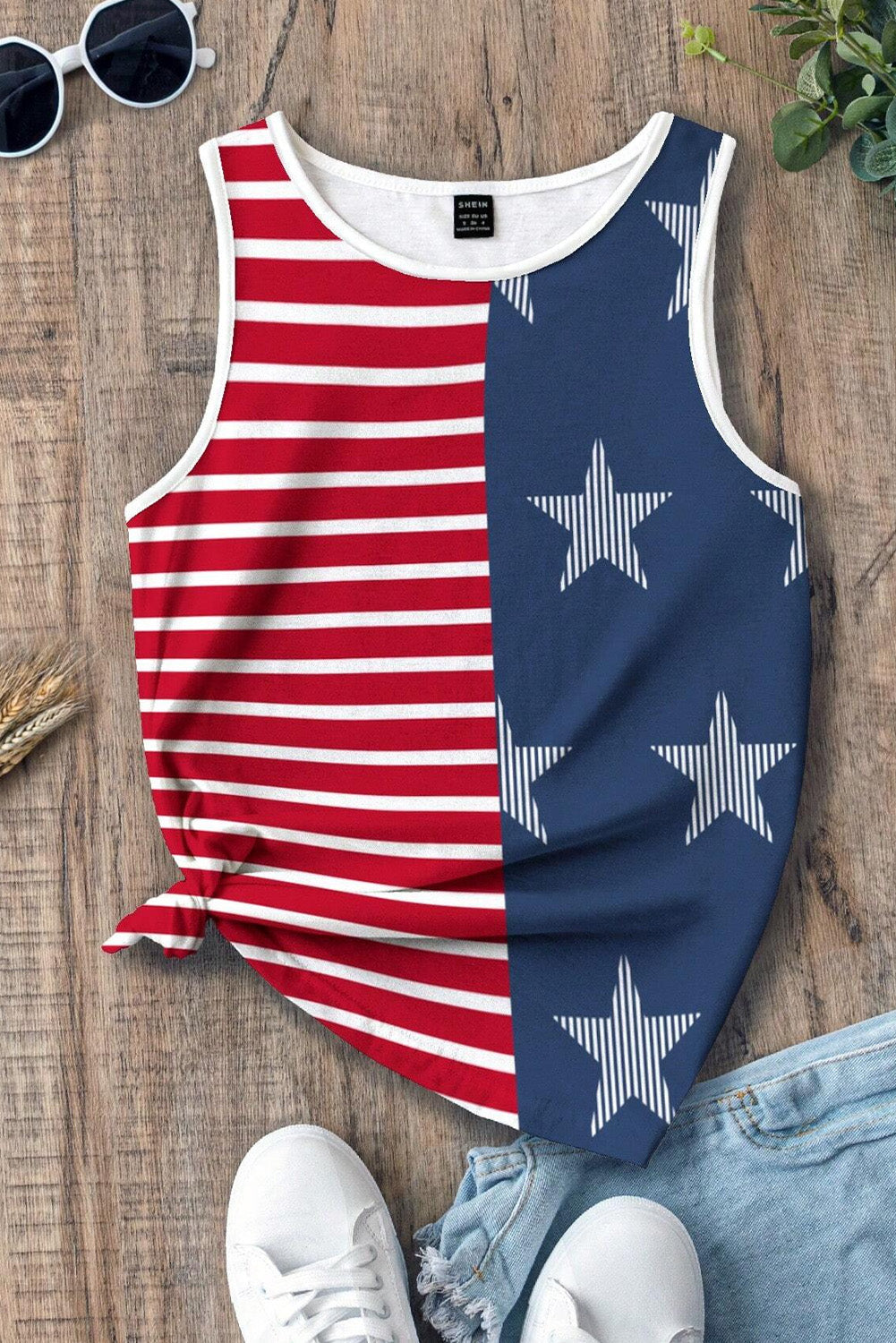 Red USA Flag Print Colorblock Round Neck Tank Top