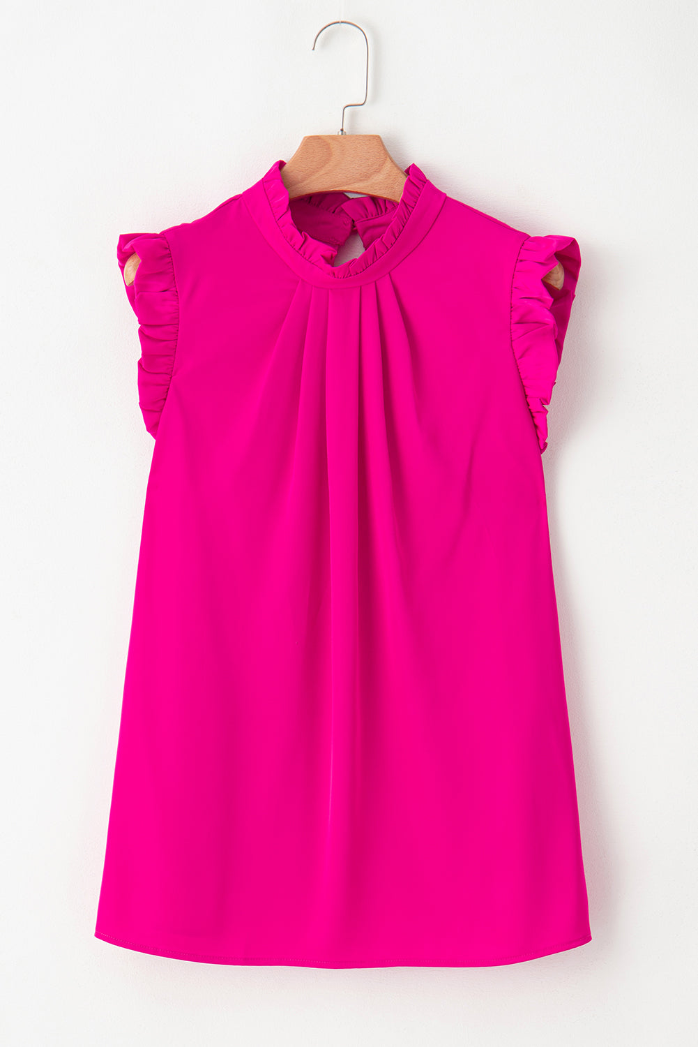 Bright Pink Frilled Trim Sleeveless Pleated Blouse