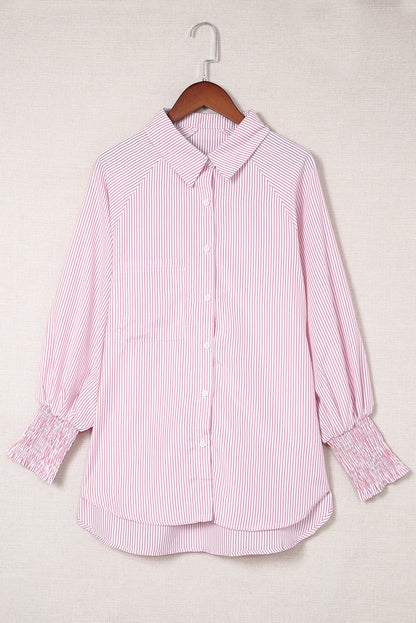 Light Blue Striped Casual Shirred Cuffs Shirt