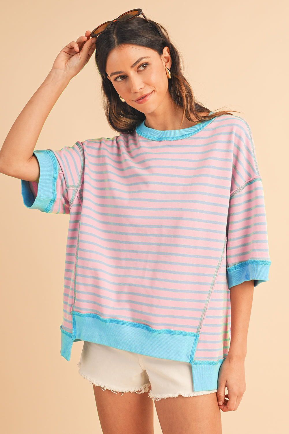 Black Stripe Contrast Trim Drop Sleeve Loose Top