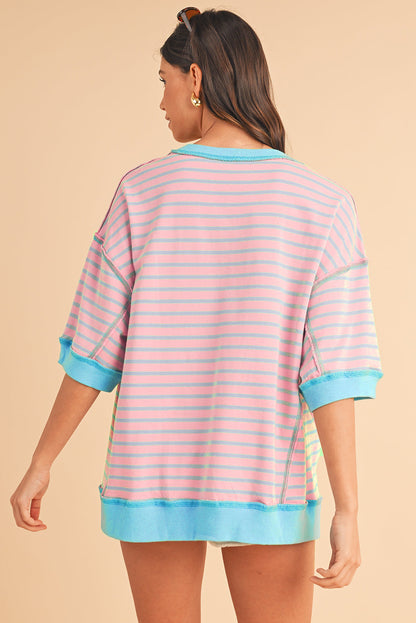 Black Stripe Contrast Trim Drop Sleeve Loose Top