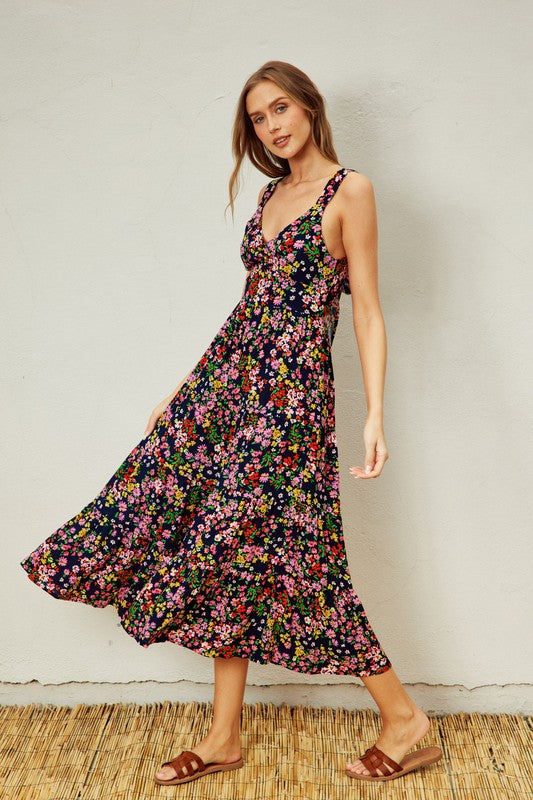 Waitlist 7/17 ♥ Lola Floral Print Back Tie Midi Dress Navy