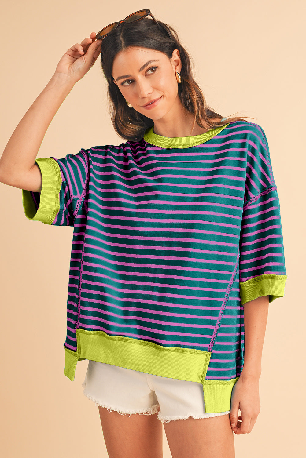 Black Stripe Contrast Trim Drop Sleeve Loose Top