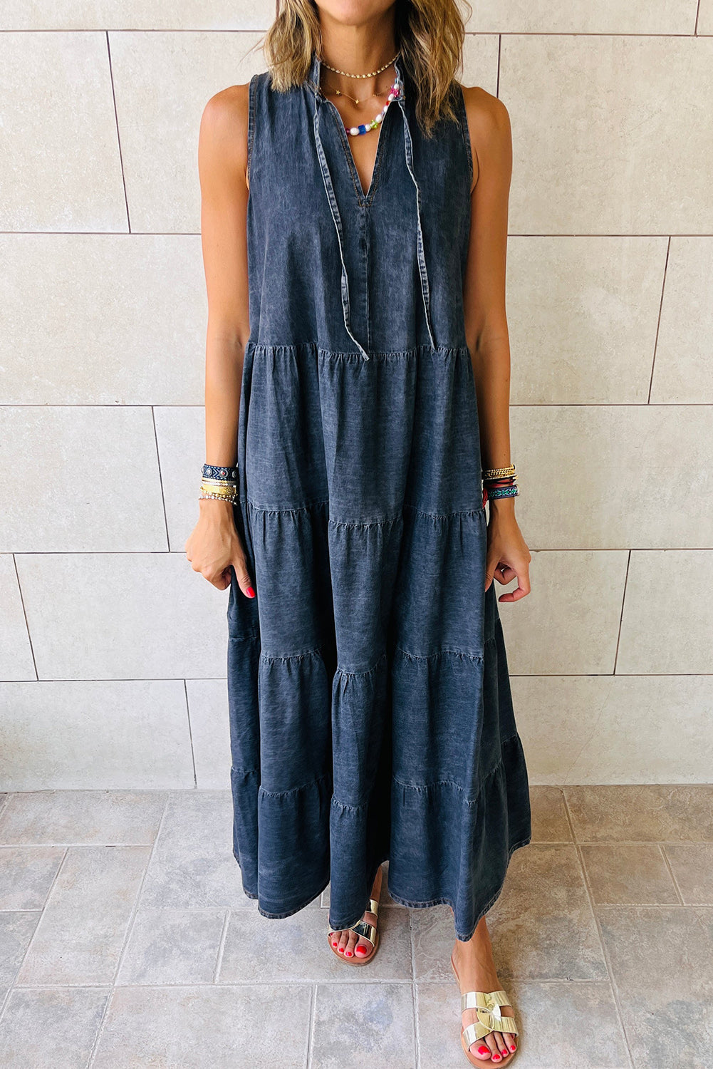 Blue Sleeveless Tiered Chambray Maxi Dress