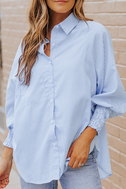 Light Blue Striped Casual Shirred Cuffs Shirt