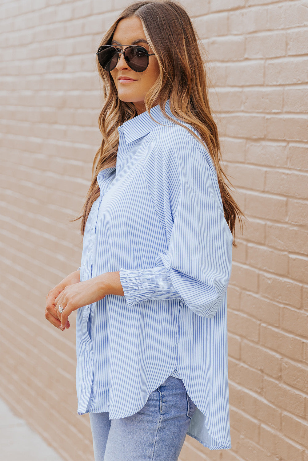 Light Blue Striped Casual Shirred Cuffs Shirt