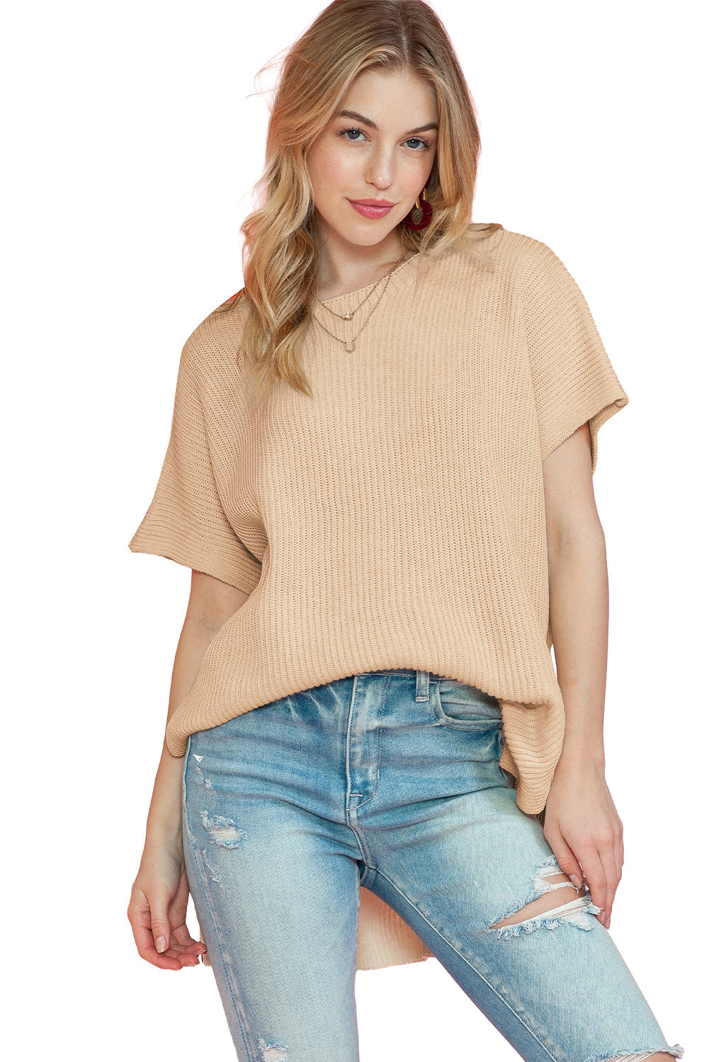 Gray Side Slit Short Dolman Sleeve Knitted Oversized Top